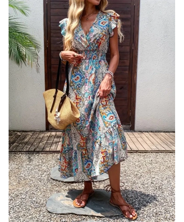 Kadın Kısa Kollu Kruvaze Yakalı Desenli Maxi Elbise