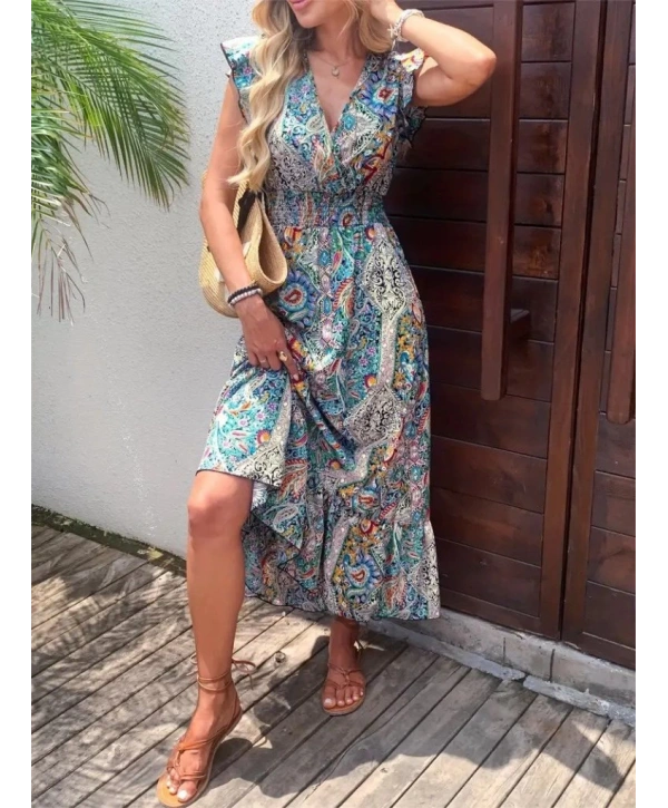 Kadın Kısa Kollu Kruvaze Yakalı Desenli Maxi Elbise