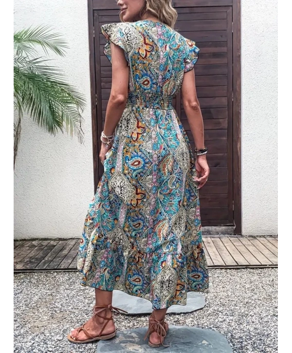 Kadın Kısa Kollu Kruvaze Yakalı Desenli Maxi Elbise