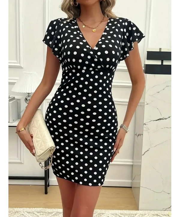 Kadın Kısa Kollu Kruvaze Yakalı örme Puantiyeli Krep Elbise