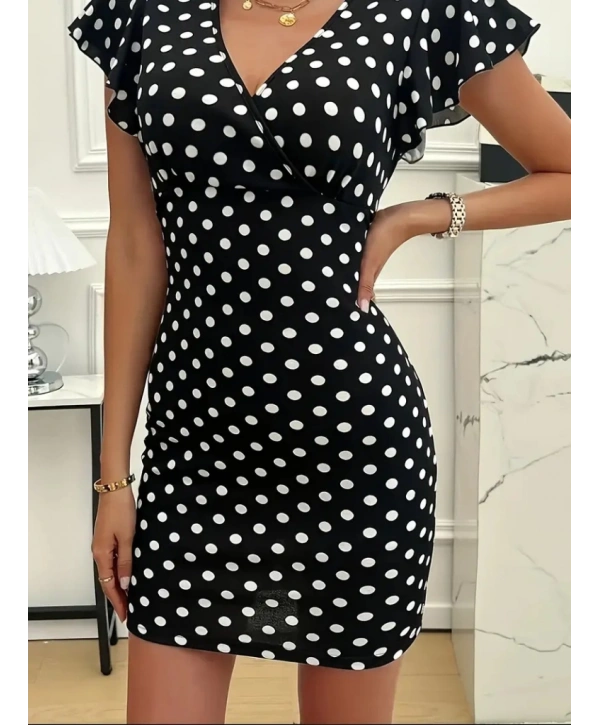 Kadın Kısa Kollu Kruvaze Yakalı örme Puantiyeli Krep Elbise