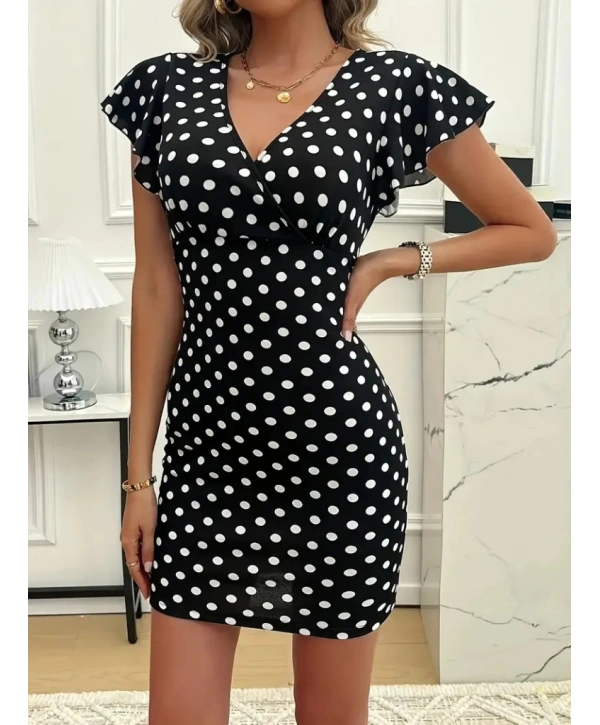 Kadın Kısa Kollu Kruvaze Yakalı örme Puantiyeli Krep Elbise