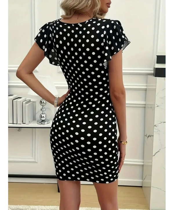 Kadın Kısa Kollu Kruvaze Yakalı örme Puantiyeli Krep Elbise