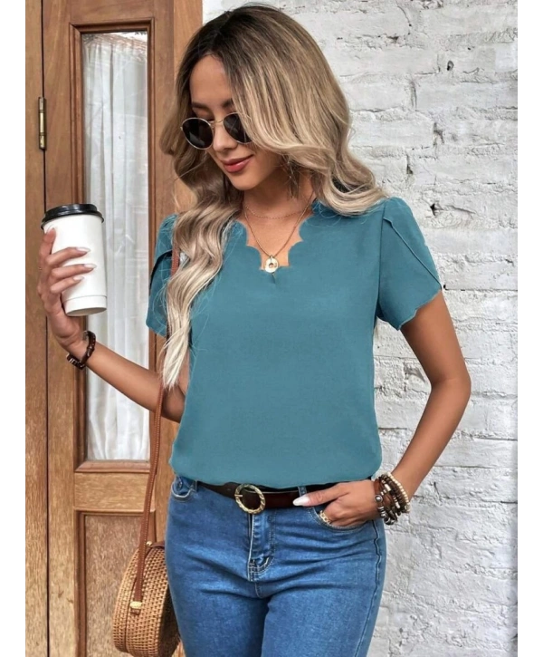 Kadın Kısa Kollu Lazer V Yakalı Ithal Krep Bluz