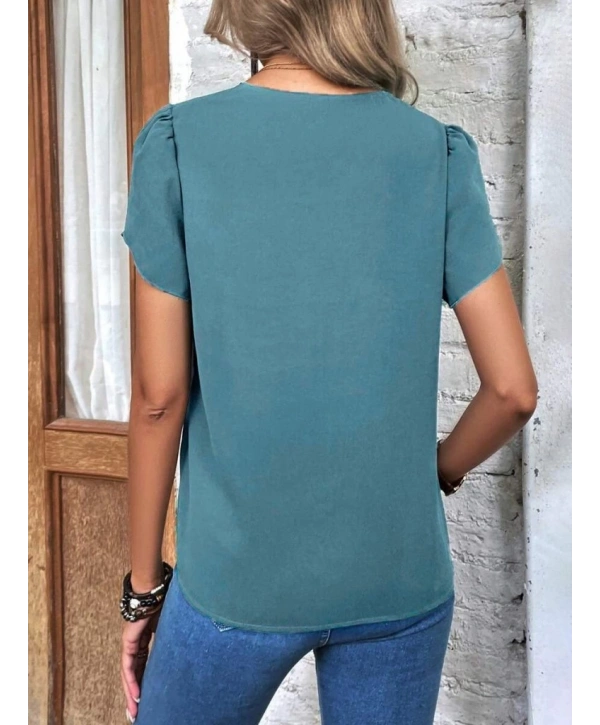 Kadın Kısa Kollu Lazer V Yakalı Ithal Krep Bluz