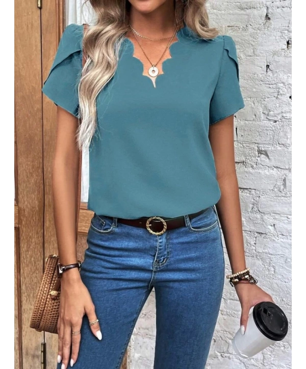 Kadın Kısa Kollu Lazer V Yakalı Ithal Krep Bluz