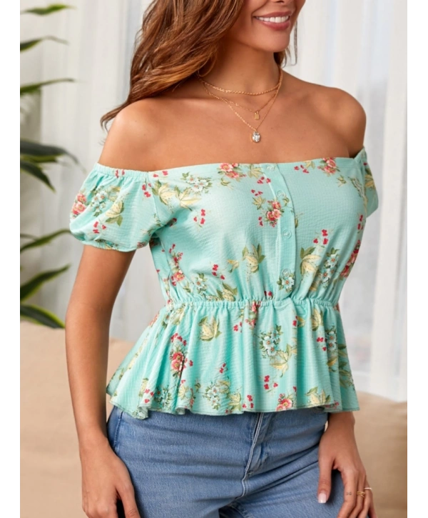 Kadın Kısa Kollu Madonna Yaka çiçek Desenli Düğme Detay Gipeli Süprem Kumaş Bluz