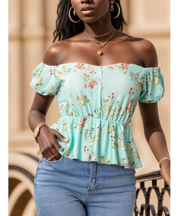 Kadın Kısa Kollu Madonna Yaka çiçek Desenli Düğme Detay Gipeli Süprem Kumaş Bluz