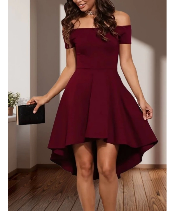 Kadın Kısa Kollu Madonna Yaka önü Kısa Arkası Uzun Ithal Krep Elbise