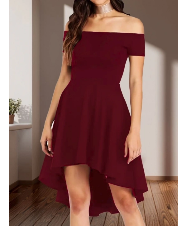 Kadın Kısa Kollu Madonna Yaka önü Kısa Arkası Uzun Ithal Krep Elbise