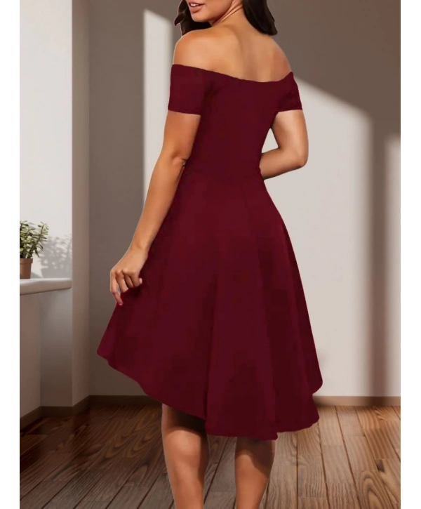 Kadın Kısa Kollu Madonna Yaka önü Kısa Arkası Uzun Ithal Krep Elbise