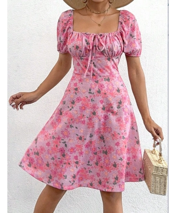 Kadın Kısa Kollu Mini çiçek Baskılı Bağcık Detay Süprem Midi Boy Elbise