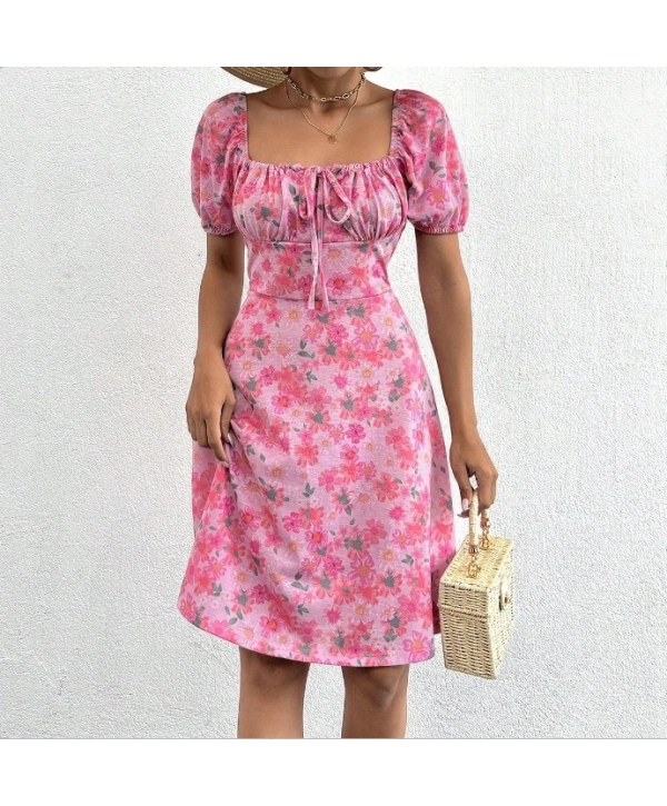 Kadın Kısa Kollu Mini çiçek Baskılı Bağcık Detay Süprem Midi Boy Elbise