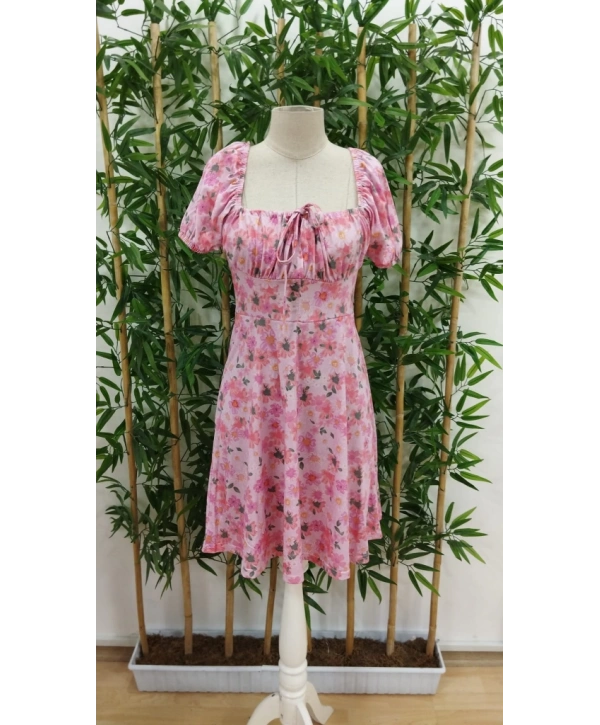 Kadın Kısa Kollu Mini çiçek Baskılı Bağcık Detay Süprem Midi Boy Elbise