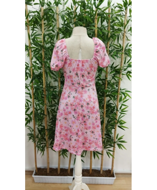 Kadın Kısa Kollu Mini çiçek Baskılı Bağcık Detay Süprem Midi Boy Elbise