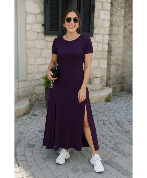 Kadın Kısa Kollu Sırt Dekolteli Yırtmaç Detaylı Viskon Elbise