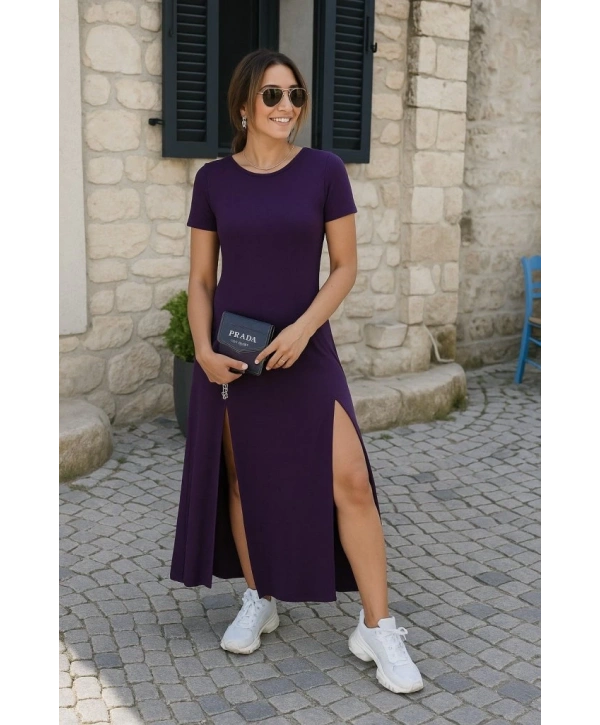 Kadın Kısa Kollu Sırt Dekolteli Yırtmaç Detaylı Viskon Elbise