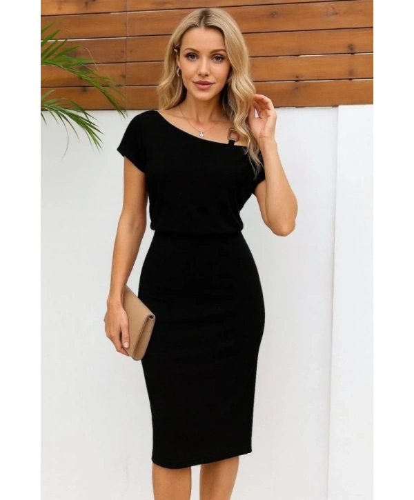 Kadın Kısa Kollu Tek Omuz Askı Ve Aksesuar Detay Beli Lastikli Krep Elbise