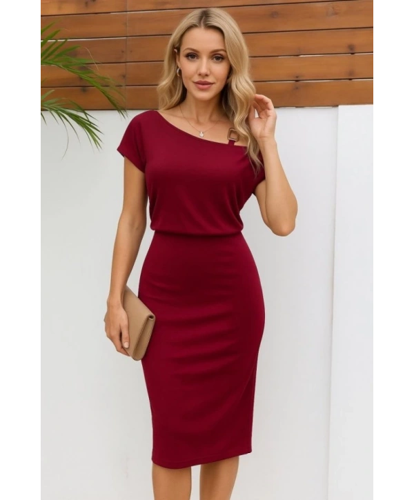 Kadın Kısa Kollu Tek Omuz Askı Ve Aksesuar Detay Beli Lastikli Krep Elbise