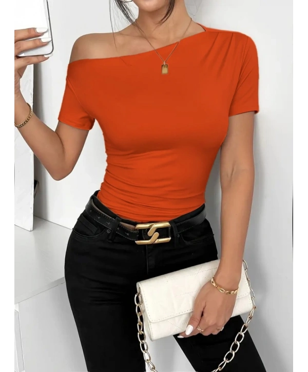 Kadın Kısa Kollu Tek Omuzu Açık Büzgülü Viskon Bluz