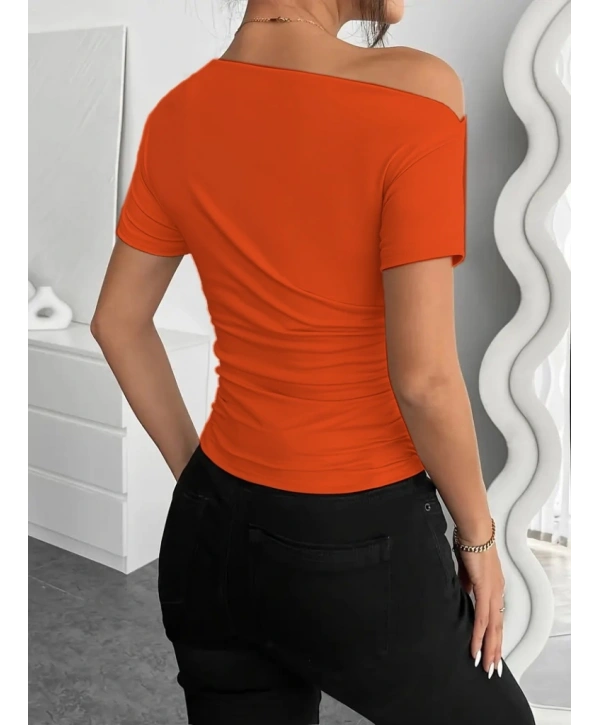 Kadın Kısa Kollu Tek Omuzu Açık Büzgülü Viskon Bluz