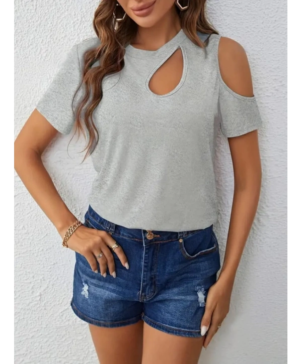 Kadın Kısa Kollu Tek Omuzu Açık Damla Detaylı Viskon Bluz