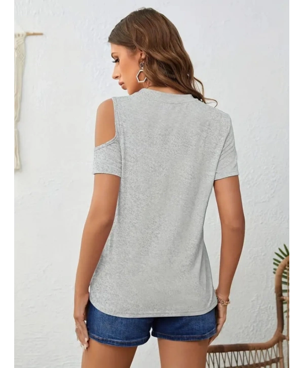 Kadın Kısa Kollu Tek Omuzu Açık Damla Detaylı Viskon Bluz