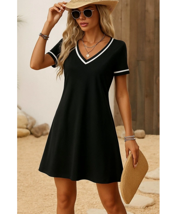 Kadın Kısa Kollu V çizgili Yakalı Kısa Viskon Elbise