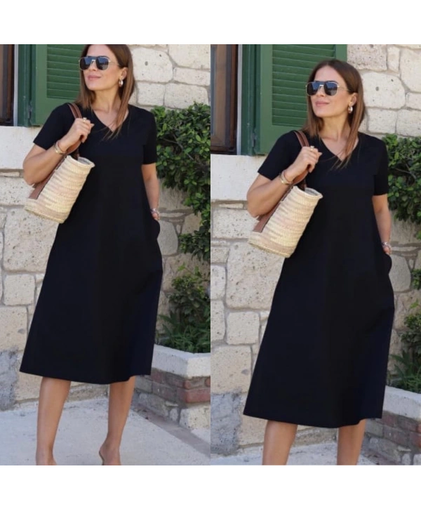 Kadın Kısa Kollu V Yaka Cepli Viskon Elbise