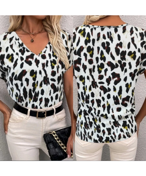 Kadın Kısa Kollu V Yaka Leopar Desen Krep Bluz