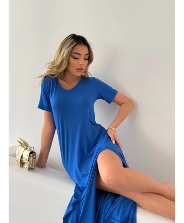 Kadın Kısa Kollu V Yaka Maxi Boy Elbise 124 Cm