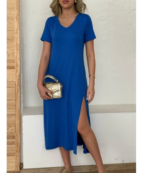 Kadın Kısa Kollu V Yaka Maxi Boy Elbise 124 Cm