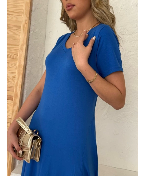 Kadın Kısa Kollu V Yaka Maxi Boy Elbise 124 Cm