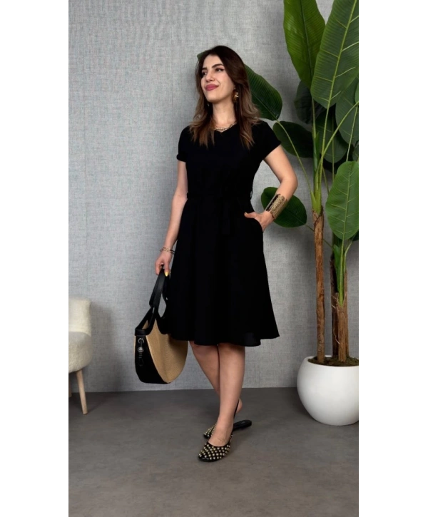 Kadın Kısa Kollu V Yakalı Beli Kuşaklı Ithal Keten Elbise