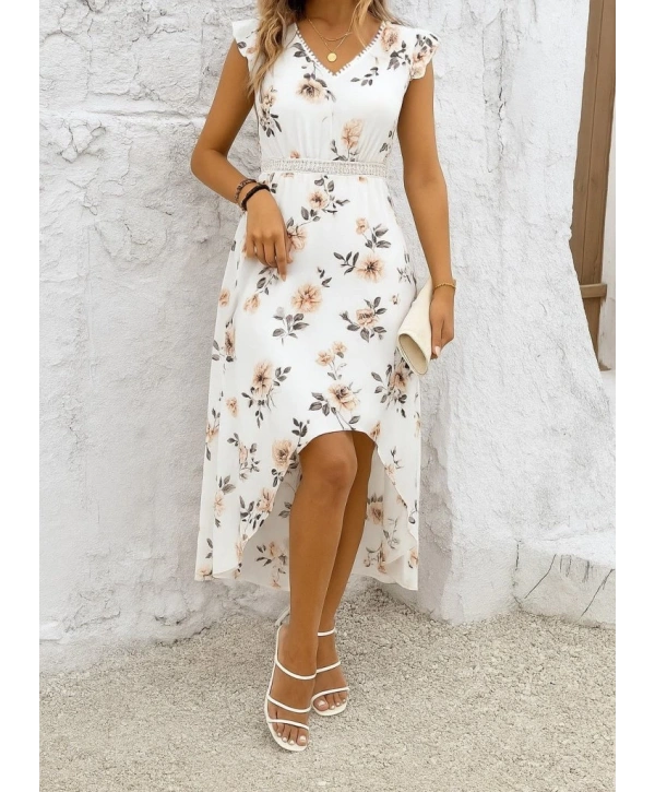 Kadın Kısa Kollu V Yakalı çiçek Desenli önü Kısa Arkası Uzun Pegasus Elbise
