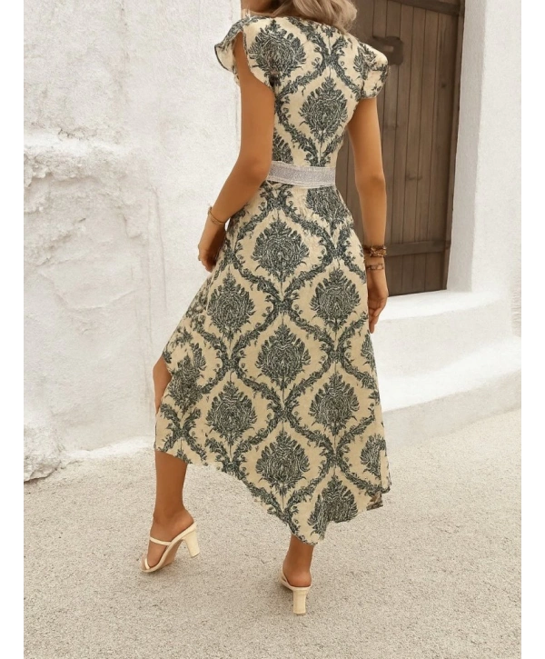 Kadın Kısa Kollu V Yakalı çiçek Desenli önü Kısa Arkası Uzun Pegasus Elbise