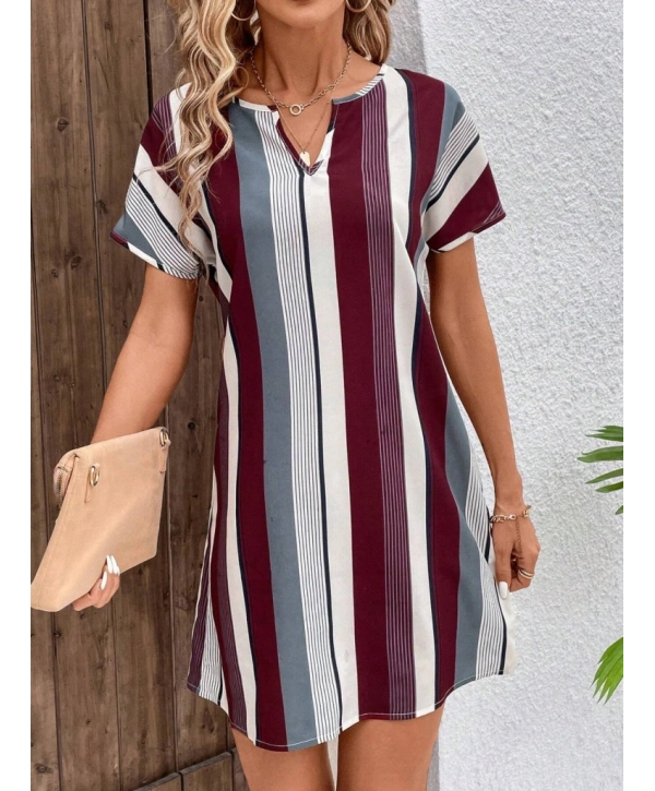Kadın Kısa Kollu V Yakalı çizgi Baskılı Süprem Elbise