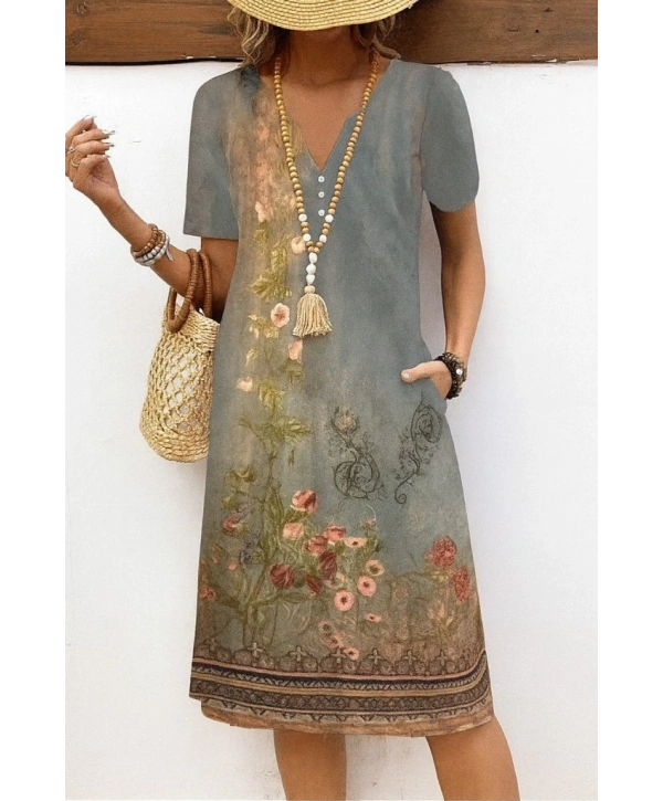 Kadın Kısa Kollu V Yakalı Desenli Süprem Elbise