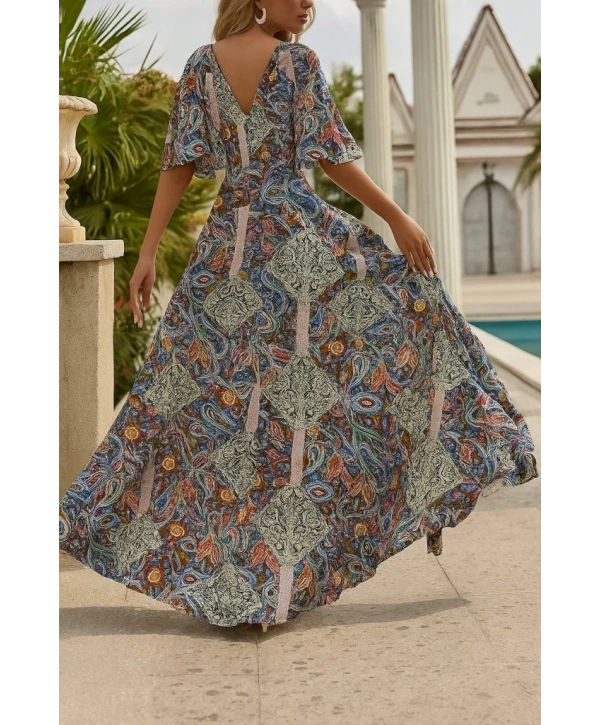 Kadın Kısa Kollu V Yakalı Desenli Süprem Elbise