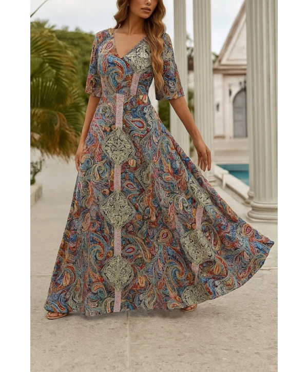 Kadın Kısa Kollu V Yakalı Desenli Süprem Elbise