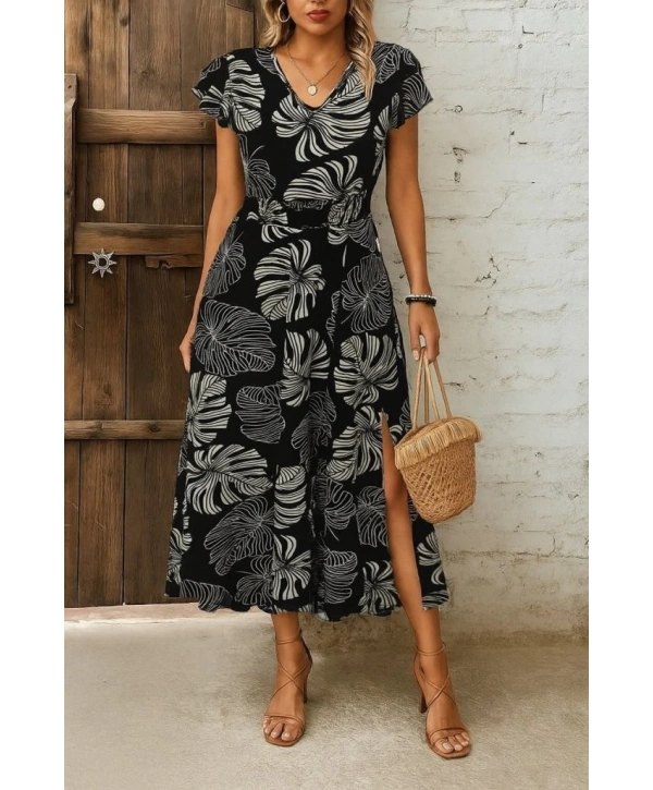 Kadın Kısa Kollu V Yakalı Desenli Yandan Yırtmaçlı Süprem Elbise