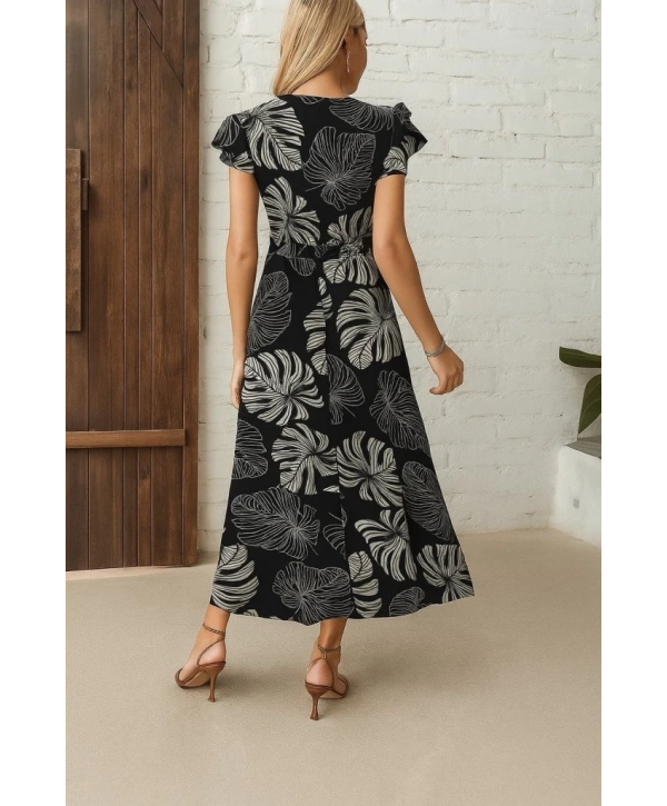 Kadın Kısa Kollu V Yakalı Desenli Yandan Yırtmaçlı Süprem Elbise