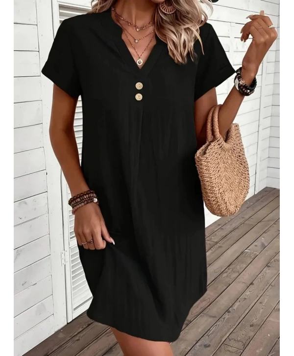 Kadın Kısa Kollu V Yakalı Düğmeli Müslim Kısa Elbise