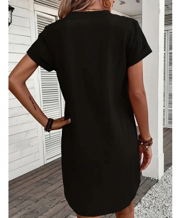 Kadın Kısa Kollu V Yakalı Düğmeli Müslim Kısa Elbise