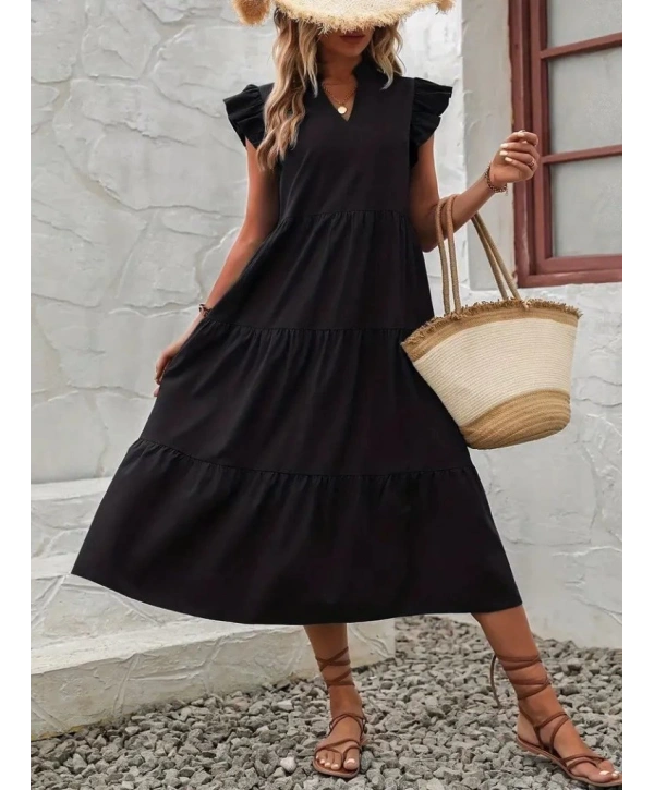 Kadın Kısa Kollu V Yakalı Geniş Kesim Uzun Trikoton Elbise