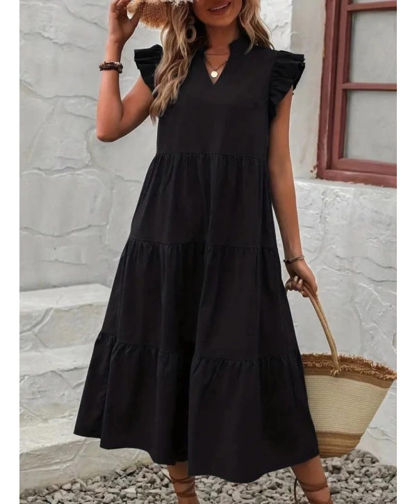 Kadın Kısa Kollu V Yakalı Geniş Kesim Uzun Trikoton Elbise