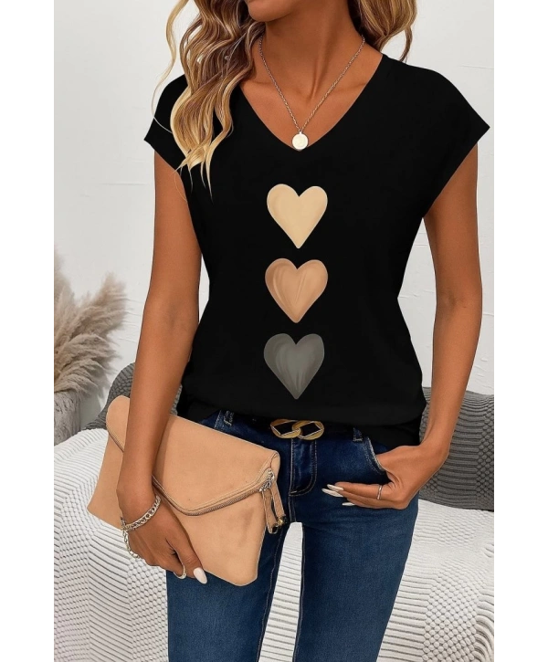 Kadın Kısa Kollu V Yakalı Kalp Desen Viskon Bluz