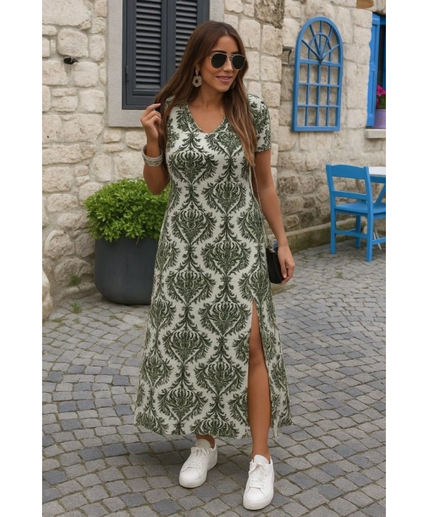 Kadın Kısa Kollu V Yakalı Maksi Boy Viskon Elbise