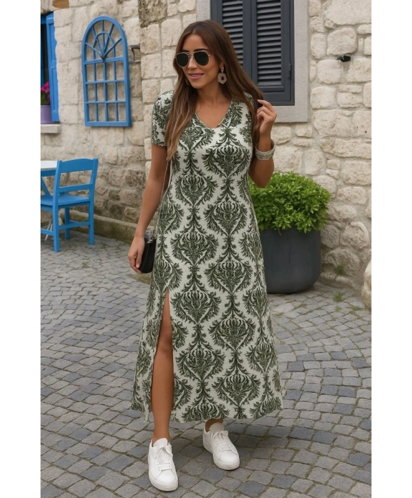 Kadın Kısa Kollu V Yakalı Maksi Boy Viskon Elbise