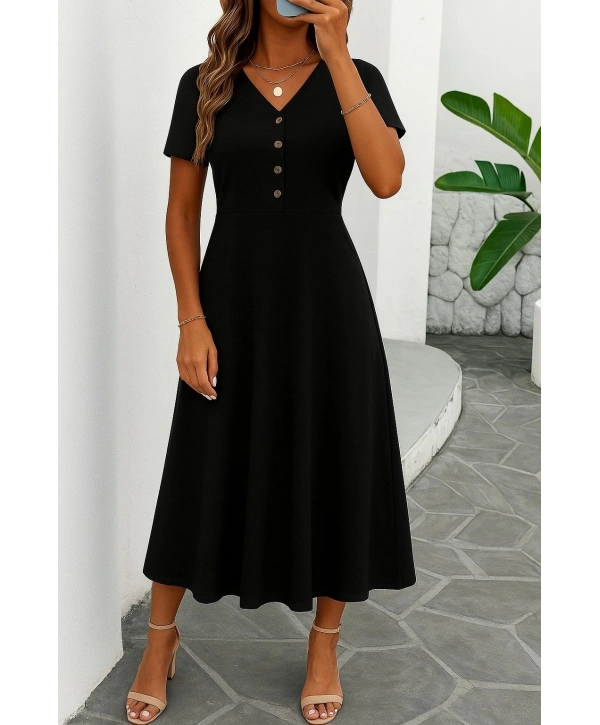 Kadın Kısa Kollu V Yakalı önden Düğmeli Yırtmaçlı Midi Viskon Elbise